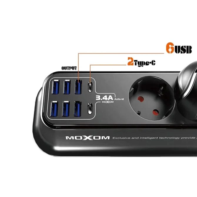 توصيلة كهرباء ذكية بطول 2 متر وشاحن سريع MX-ST05 موكسوم مع 6 منافذ USB ومنفذين Type-C شحن سريع 3.5A و 4 مقابس كهرباء تيار متردد