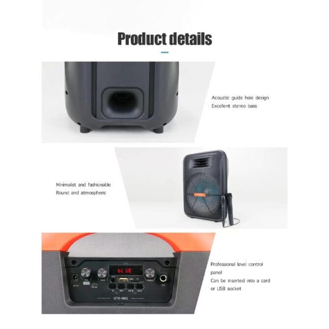سبيكر حفلات كاراوكي محمول GTS-1882 مع مضخم صوت (Subwoofer) لاسلكي بتقنية البلوتوث، بيس قوي مقاس 15 بوصة، وميكروفونات سلكية