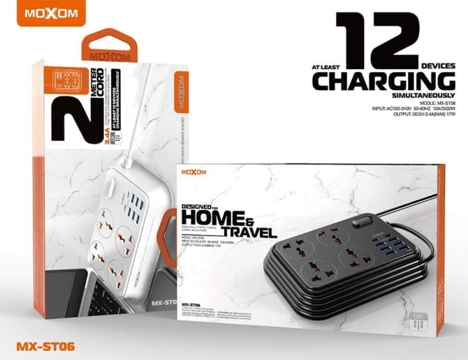 وصلة كهرباء وشحن MX-ST06 موكسوم 6 منافذ USB ومنفذين Type-C شحن سريع 3.5A و 4 مقابس كهرباء