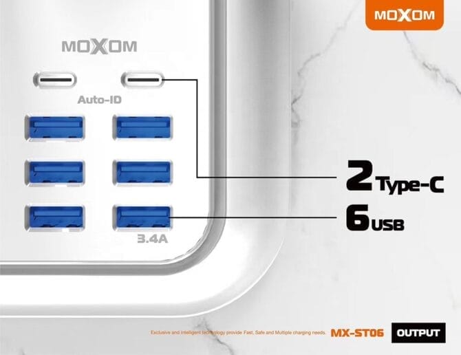 وصلة كهرباء وشحن MX-ST06 موكسوم 6 منافذ USB ومنفذين Type-C شحن سريع 3.5A و 4 مقابس كهرباء